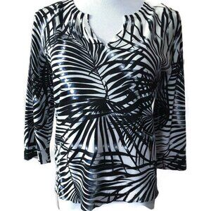 CHICOS Palm Frond Print Silk Knit 3/4 Sleeve Pullover Sweater Blue Gray Size 1 M
